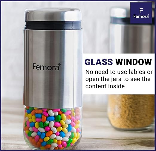 Femora Kitchen Storage Jars Steel Body With See Through Bottom Jar | 350 Ml | Pack of 6