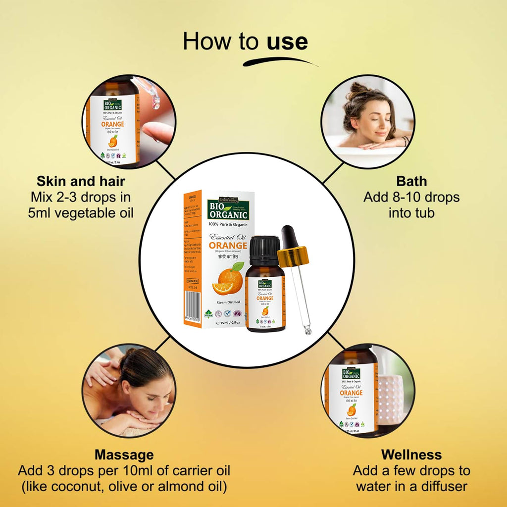 Indus Valley 100% Pure Natural & Organic, Undiluted Orange Essential Oil with Therapeutic Grade & Glass Dropper for Skin, Hair Care (15ml)