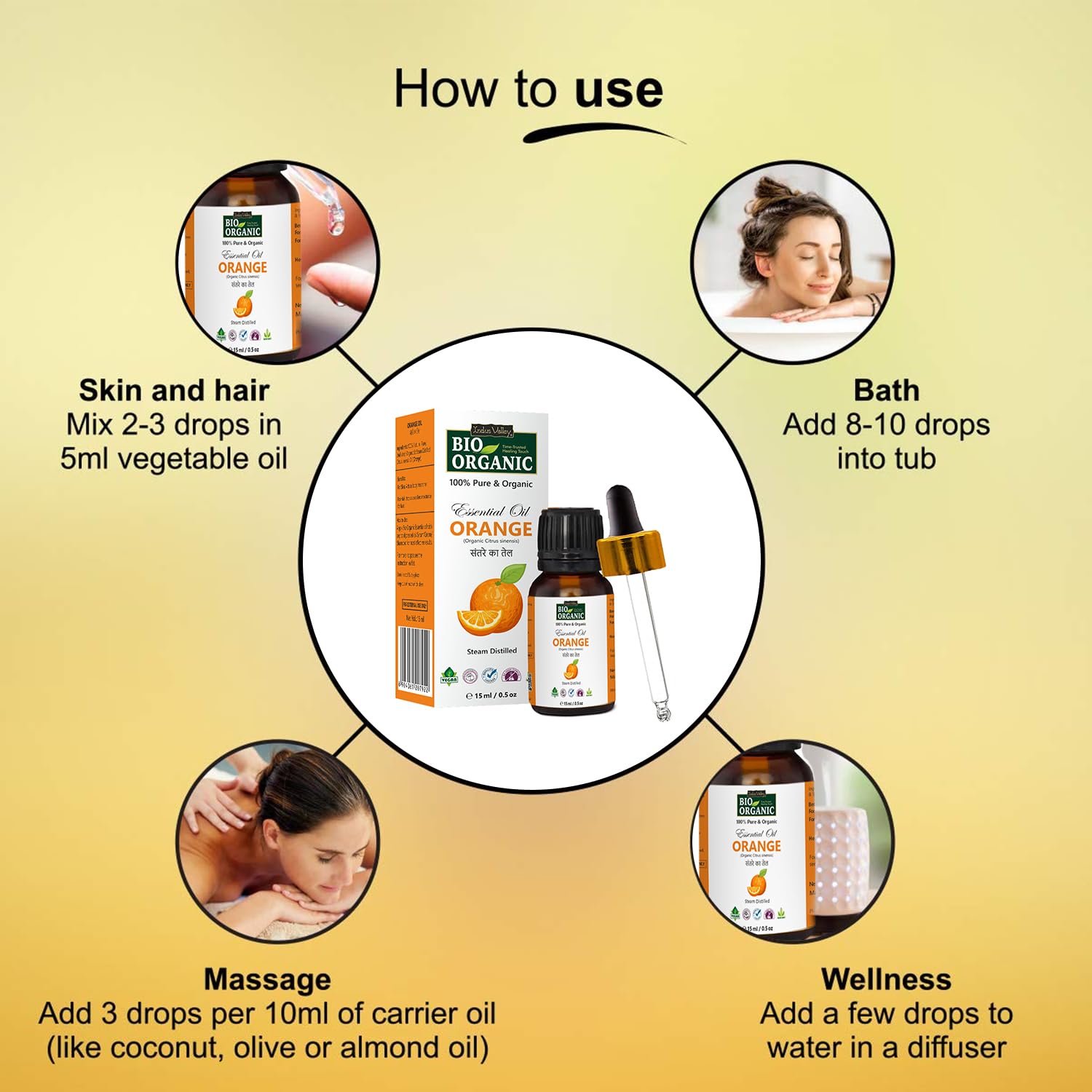 Indus Valley 100% Pure Natural & Organic, Undiluted Orange Essential Oil with Therapeutic Grade & Glass Dropper for Skin, Hair Care (15ml)