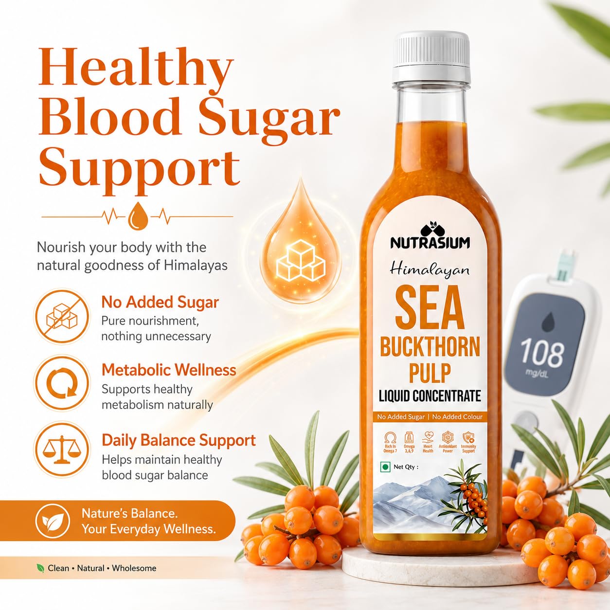Nutrasium Himalayan Sea Buckthorn Berry Juice - 500 ml - Natural Source of Vitamin C, Omega 3 6 7 9, Antioxidants for Immunity, Skin Glow & Gut Health - 50 Glasses