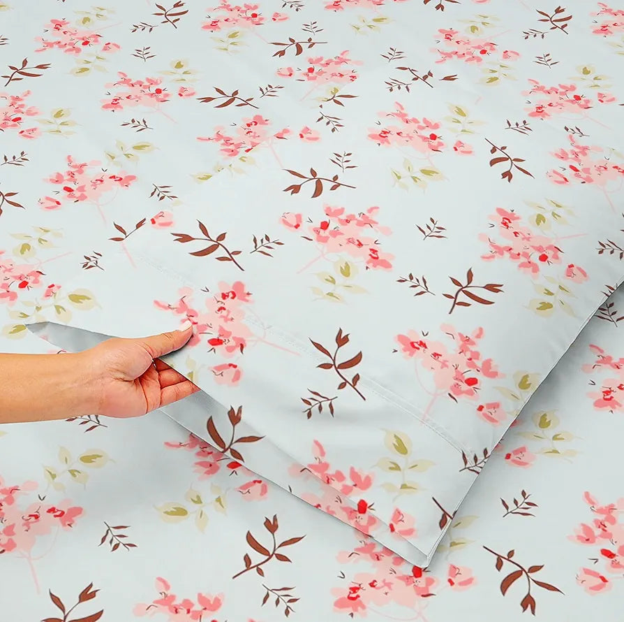 Homekart Premium Cotton Elastic Fitted Bedsheets with 2 King Size Pillow Covers Double Bed Flower Print Sky Blue and Pink 200 tc 220 tc