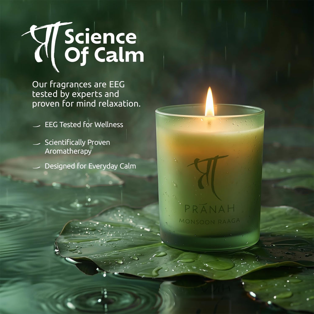 Pranah Monsoon Raaga Aromatherapy Scented Candle | 128g, 28 Hours Burn | Wet Earth & Woody White Floral Notes | Musky Patchouli Oil | Soy Wax, Vegan | Earthy & Sweet Calm