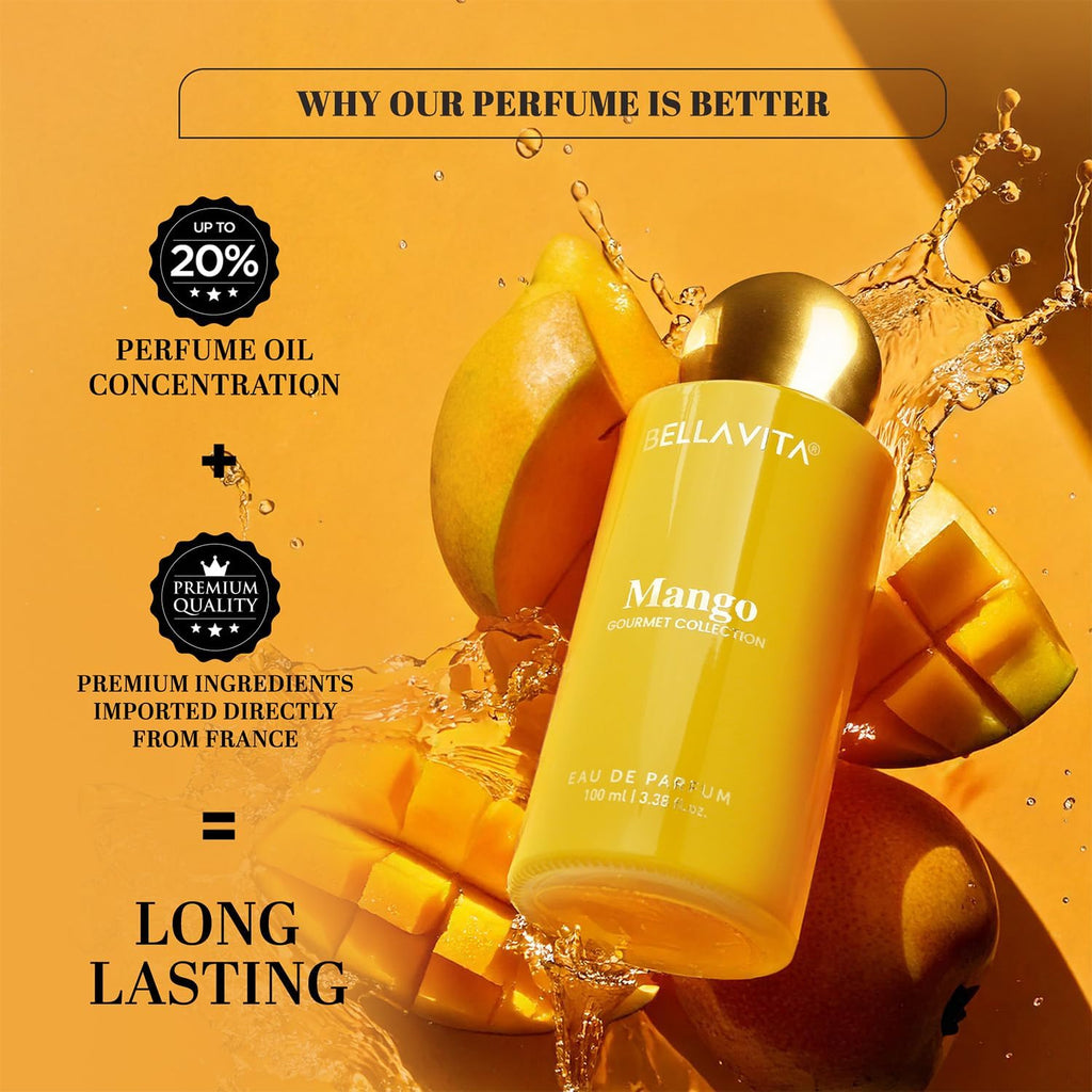 BELLAVITA Gourmet Collection Mango | Long Lasting Perfume for Man and Woman | EDP 100ml | Floral, Woody, Sweet Premium Unisex Fragrance for Men and Women