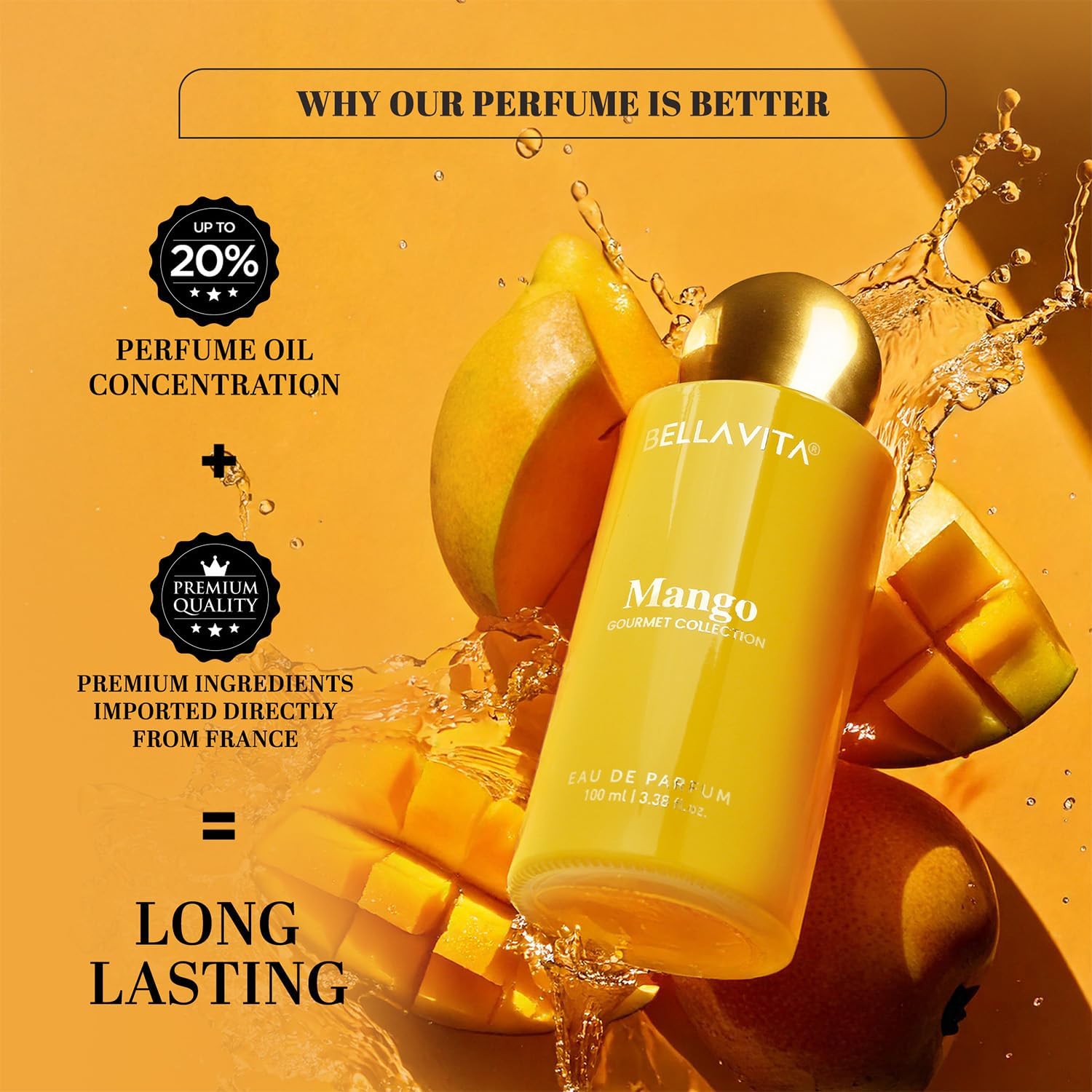 BELLAVITA Gourmet Collection Mango | Long Lasting Perfume for Man and Woman | EDP 100ml | Floral, Woody, Sweet Premium Unisex Fragrance for Men and Women