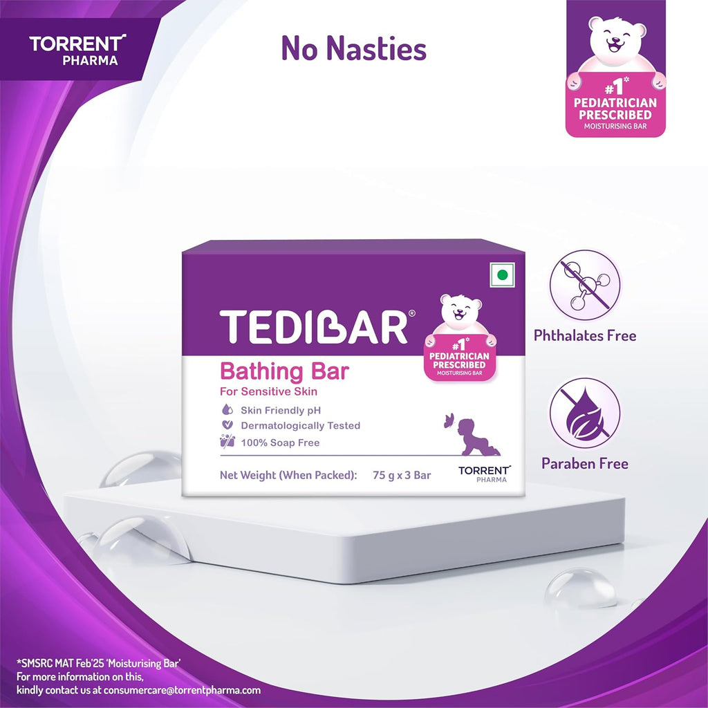 Tedibar Moisturising Baby Bathing Bar 75gx3 (Pack of 1) 100% Soap Free No. 1* Pediatrician Prescribed Moisturising Bar - By Torrent Pharma