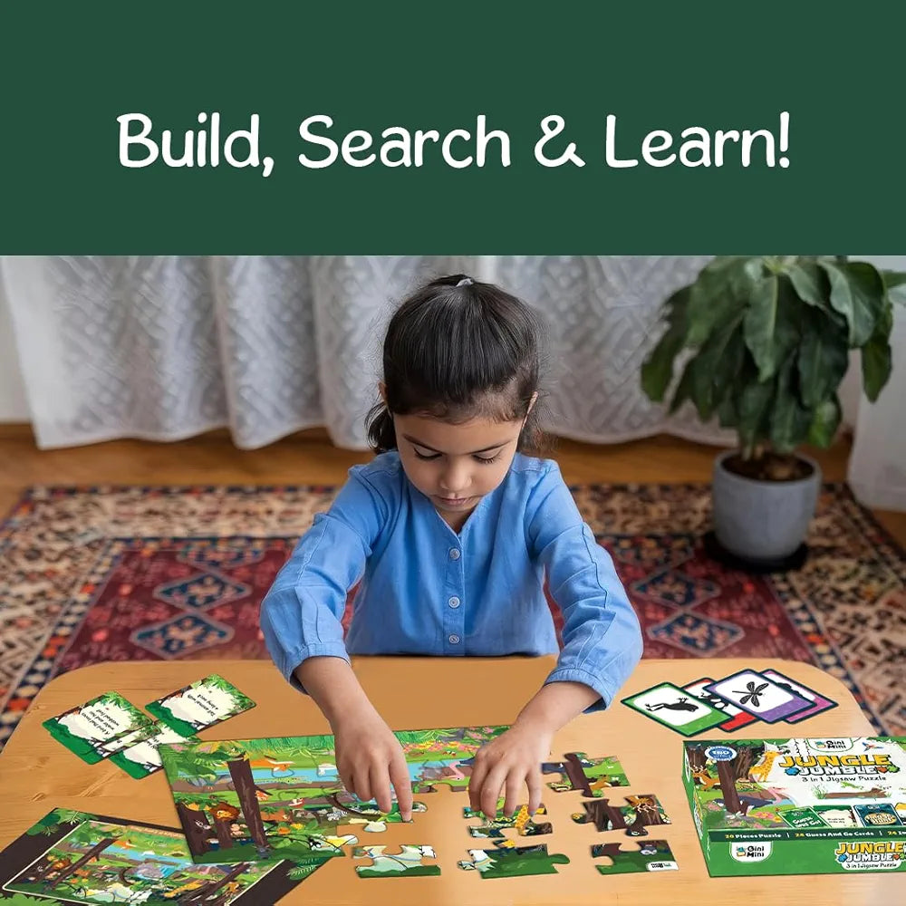 GiniMini Jungle Jumble 3-in-1 Jigsaw Puzzle - 20 Pieces, Image Hunt & Guess & Go Cards - Fine Motor, Cognitive, Vocabulary Skills for Kids 3+ Years