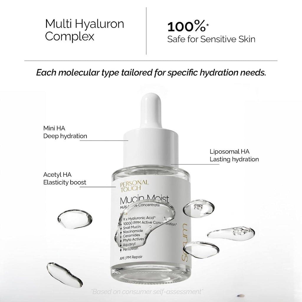 Personal Touch Mucin Moist Serum Cruelty Free - Worldâ€™s 1st Snail Mucin With 9 Types of Hyaluronic Acid, Ceramides, Niacinamide | Korean Skincare | Dryness, Fine Lines, Skin Barrier Repair | 30ml
