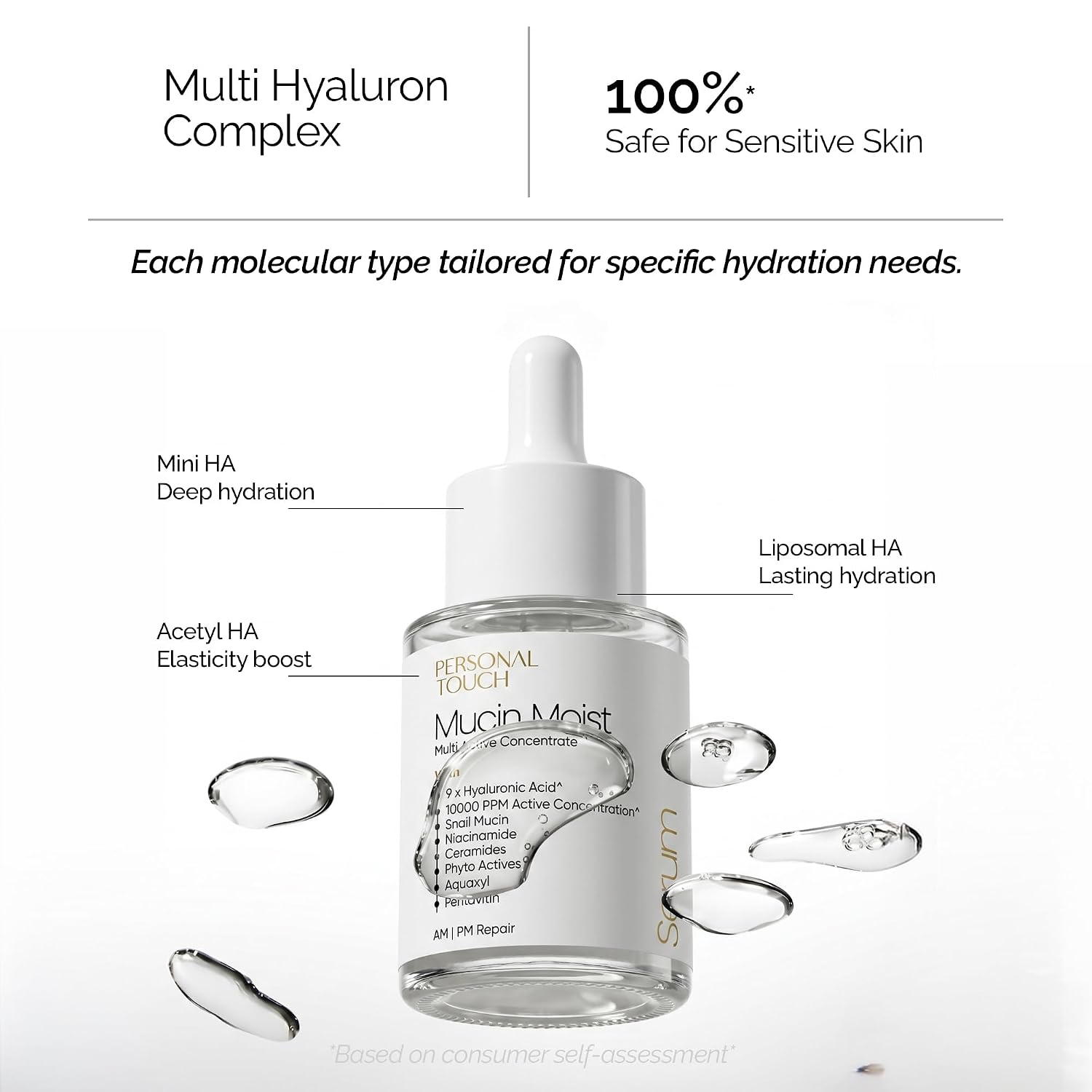 Personal Touch Mucin Moist Serum Cruelty Free - Worldâ€™s 1st Snail Mucin With 9 Types of Hyaluronic Acid, Ceramides, Niacinamide | Korean Skincare | Dryness, Fine Lines, Skin Barrier Repair | 30ml