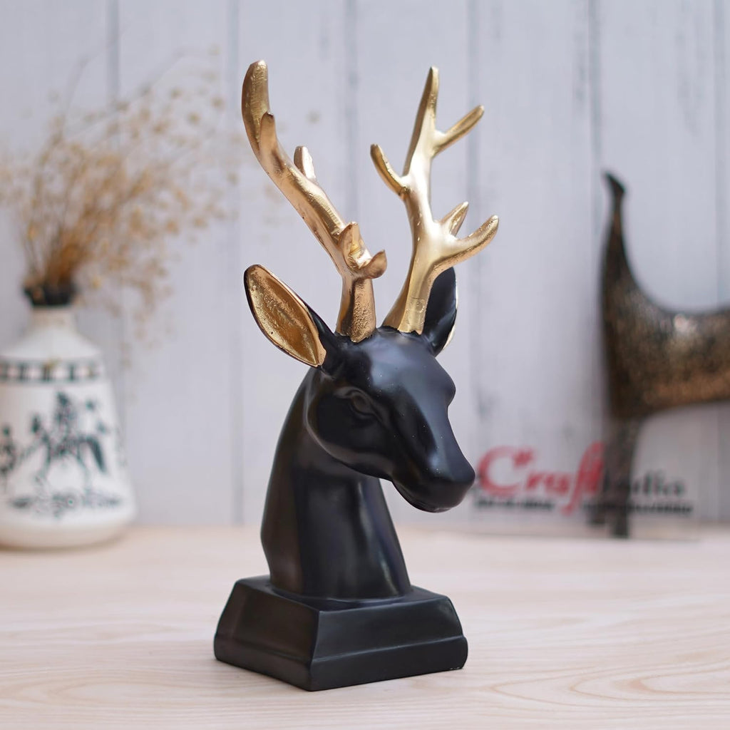 Ecraftindia Black Polyresin Reindeer Head Statue With Golden Antlers Animal Showpiece