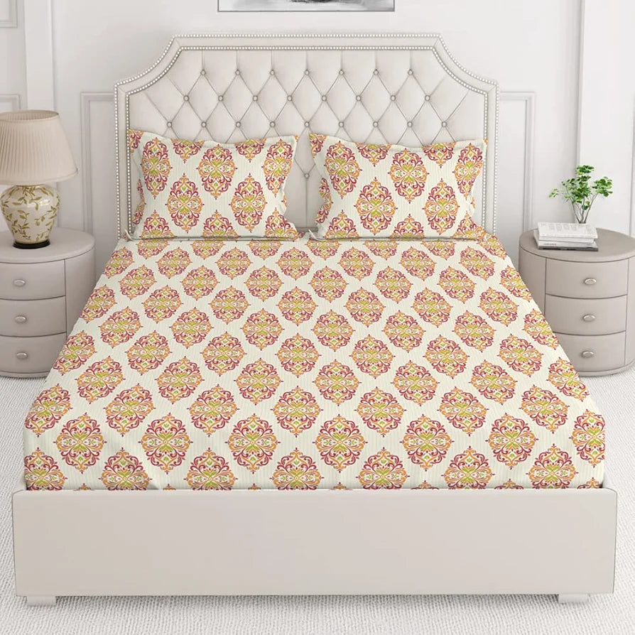 Layers 225TC Toughened Cotton King Size Bedsheet with 2 Pillow Covers Bed Sheet King Mustard/Red