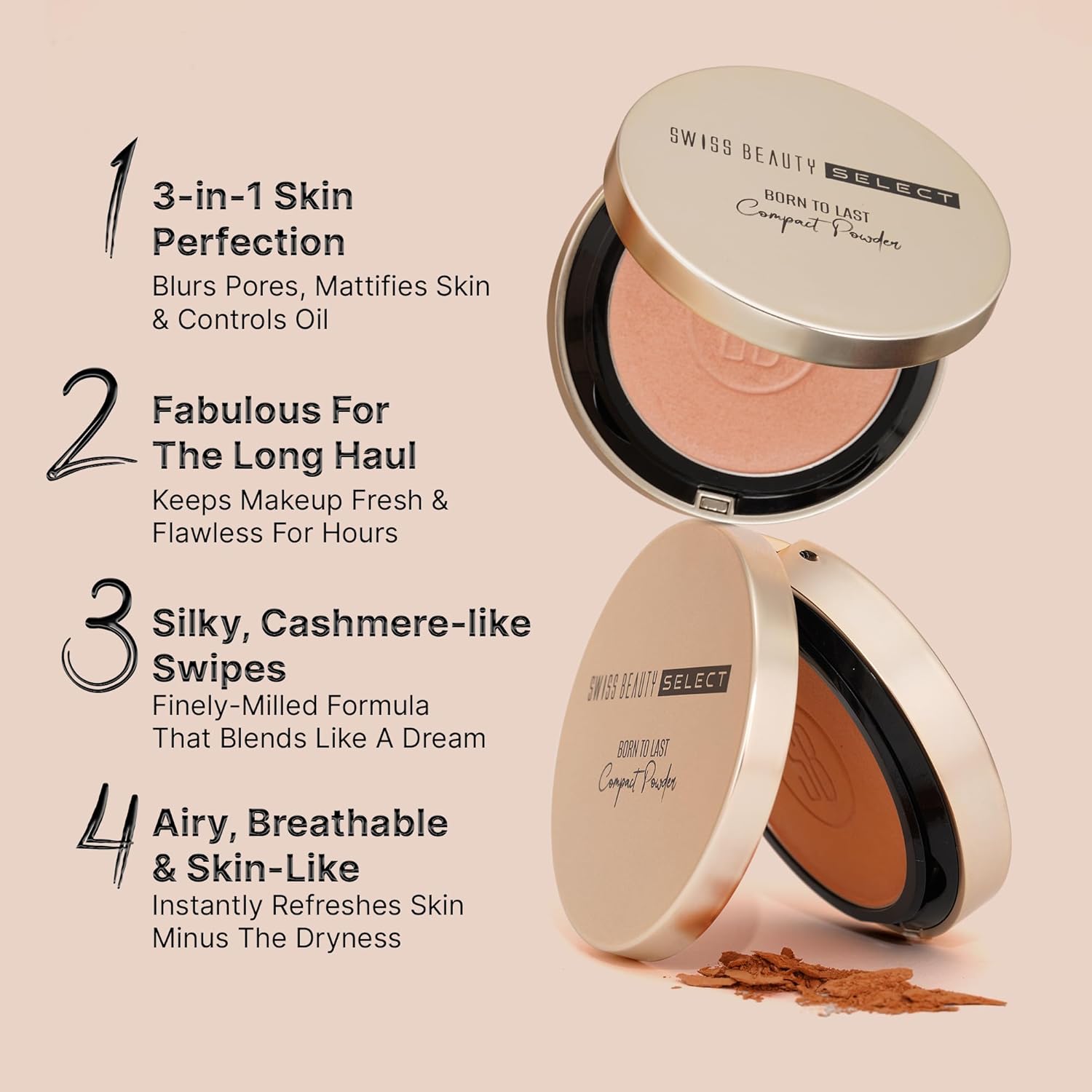 Swiss Beauty Select Born To Last Compact Powder | 3-in-1 Skin Perfection | Oil Control | Blurs Pores | Matte Finish | Fresh Makeup for hours | With Squalane & Vitamin E | 6.5g, Shade- 2. Sunlit Sand