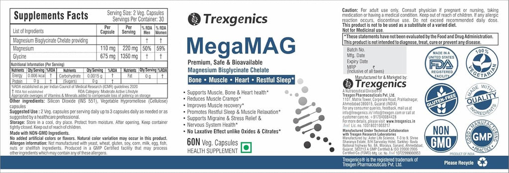 Trexgenics MegaMAG 785mg Magnesium Bisglycinate - Most Bioavailable Magnesium for Sleep, Muscle, Bone & Heart Support (60 Veg. Capsules) (Pack of 1)