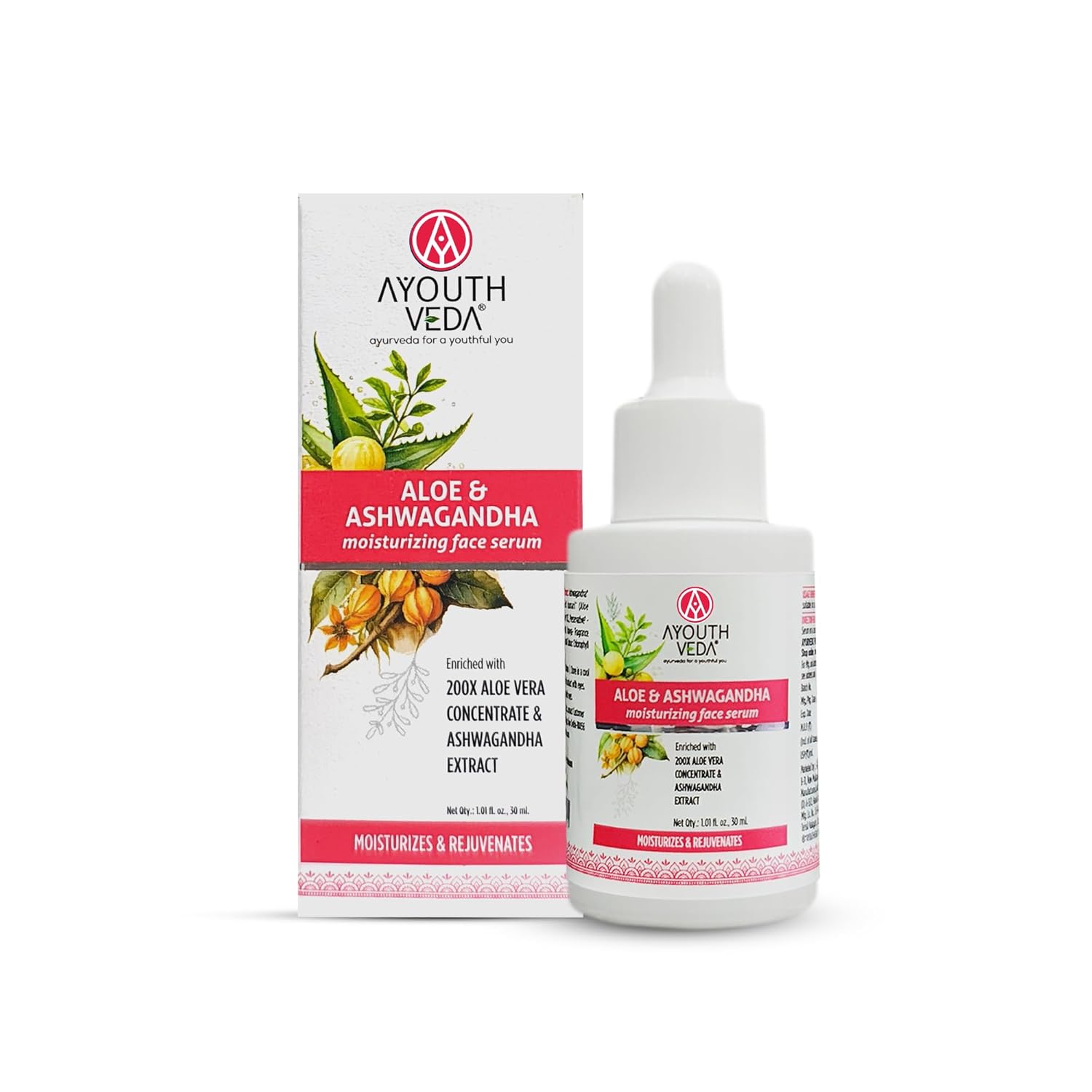 Ayouthveda Aloe & Ashwagandha Face Serum, 200X Aloe Vera Concentrate, Moisturizing & Rejuvenating, All Skin Types, Anti-Aging, 30ml