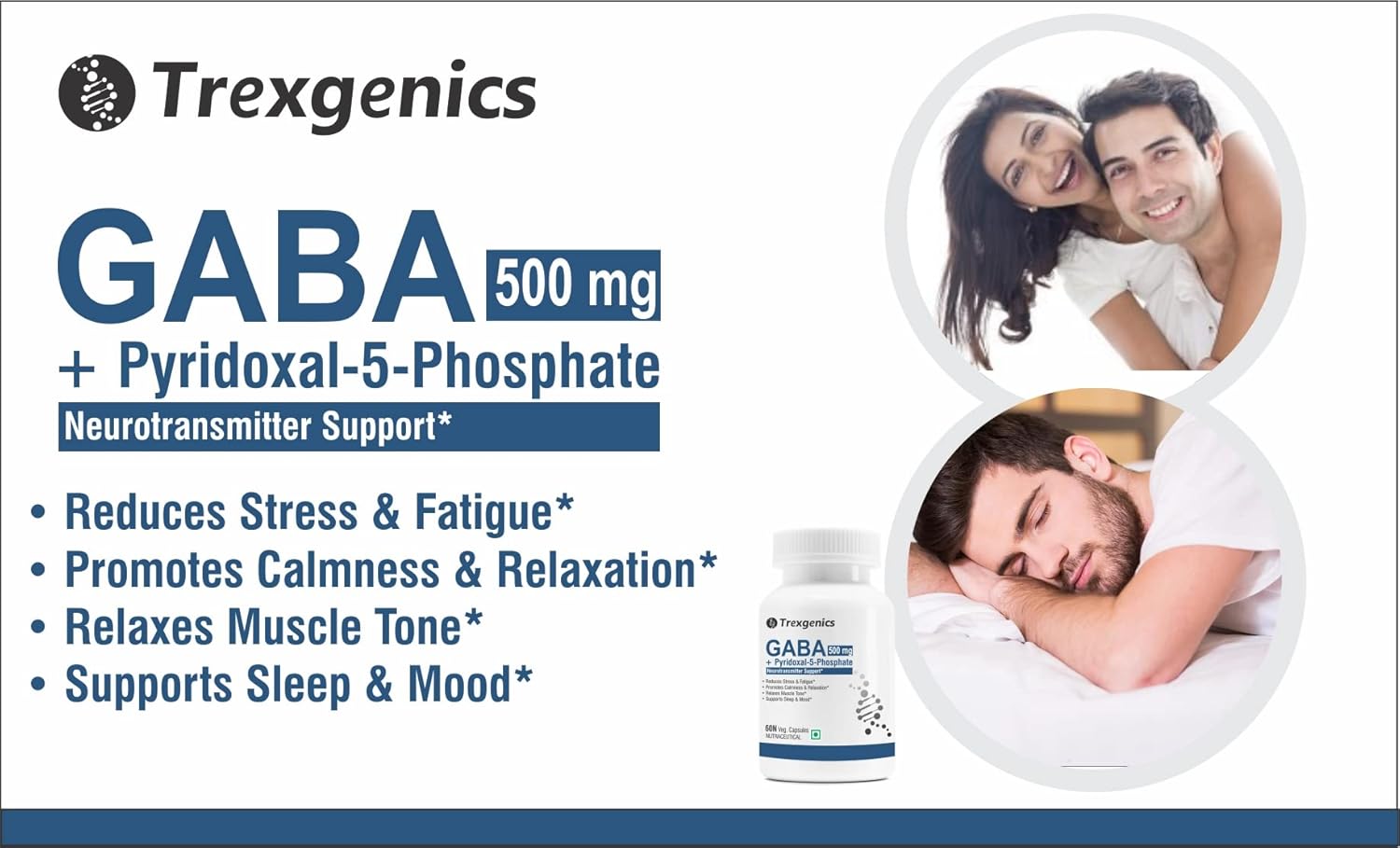 Trexgenics GABA (Gamma aminobutyric aicd) 500 mg, Pyridoxal 5 Phosphate 1 mg, Neurotransmitter, Stress, Sleep Support VEGAN & NON-GMO (60 Veg Capsules) (Pack of 1)