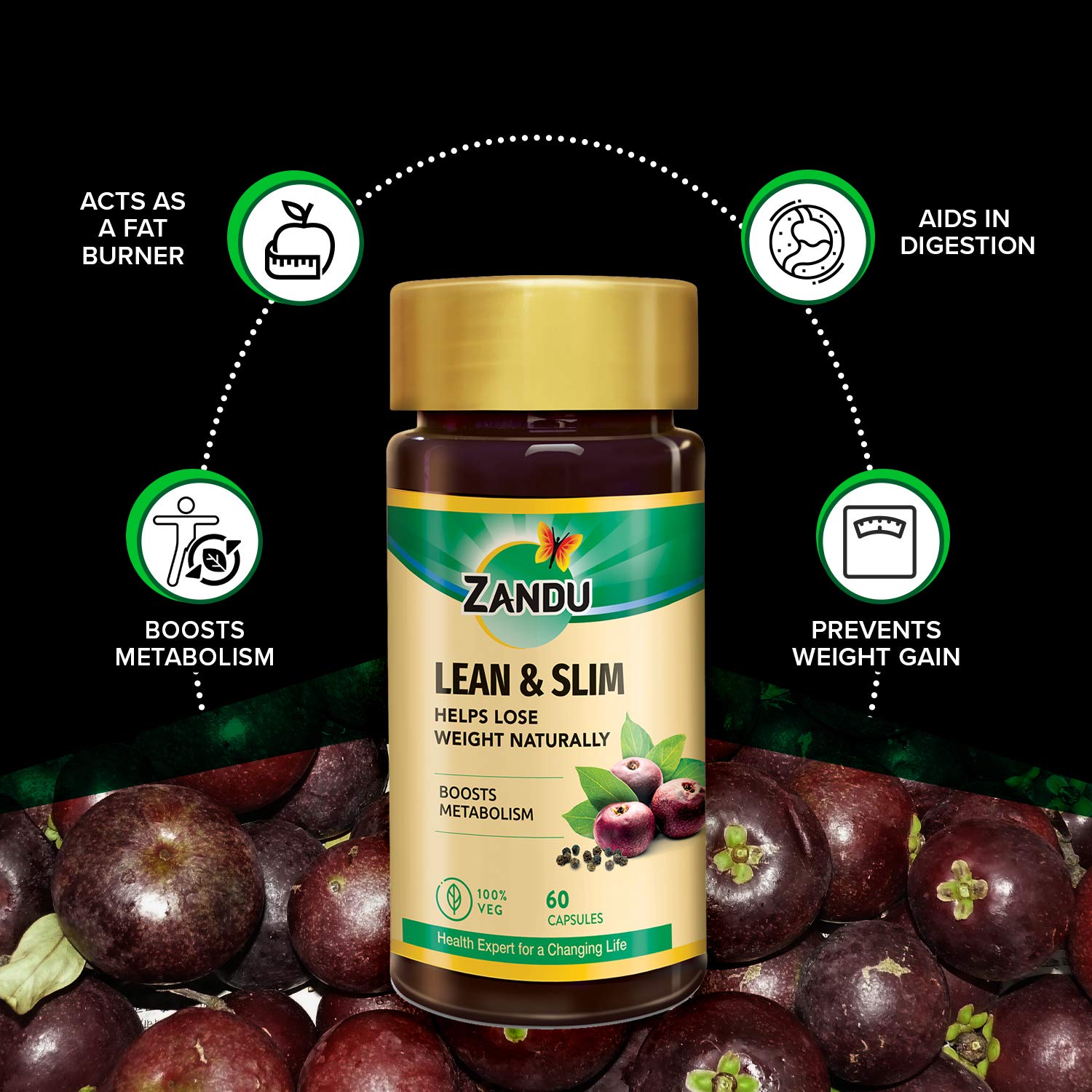 Zandu Lean & Slim Capsules Enriched with the Goodness of 6 Herbs to Help You in Weight Loss Journey, Acts as a Metabolism Booster And Supports Weight Management, Pack of 60 Veg Capsules