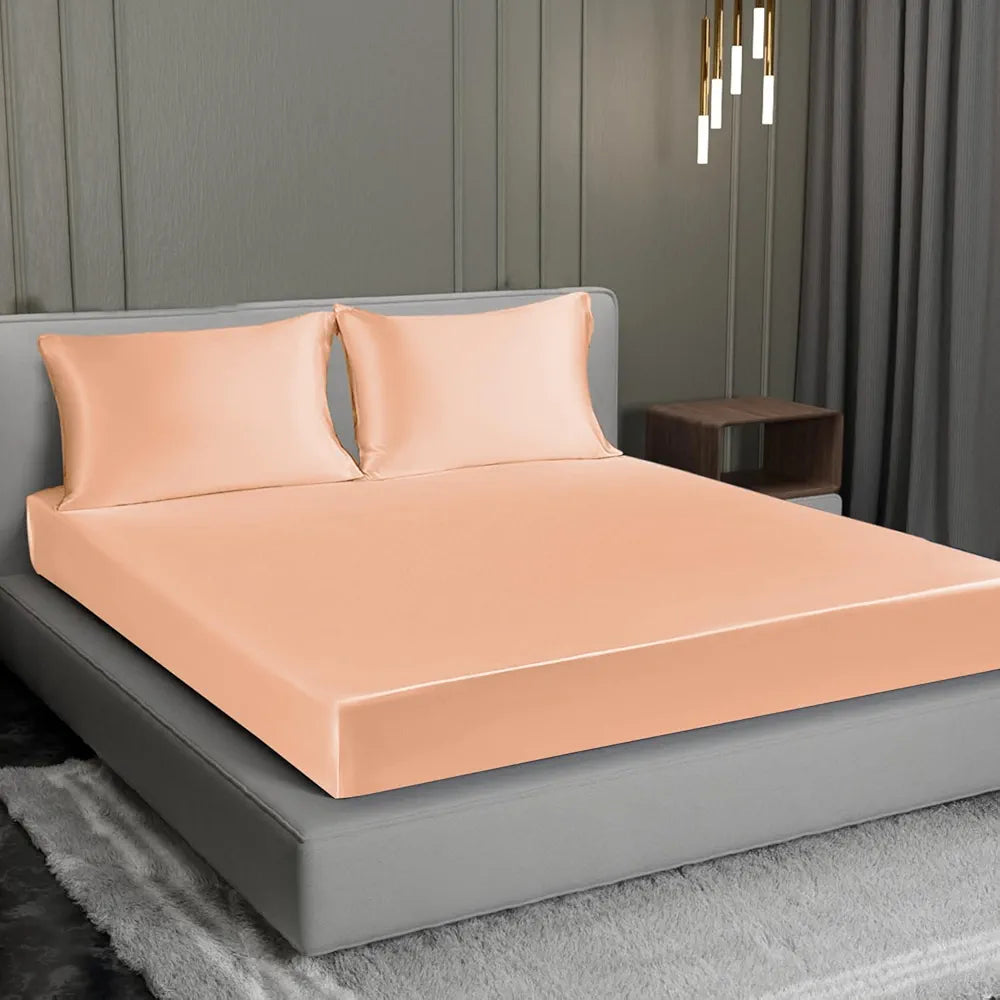 Cloth Fusion Satin Elastic Fitted Bedsheets Double Bed Luxury Queen Size Bed Sheet with 2 Pillow Covers Peach