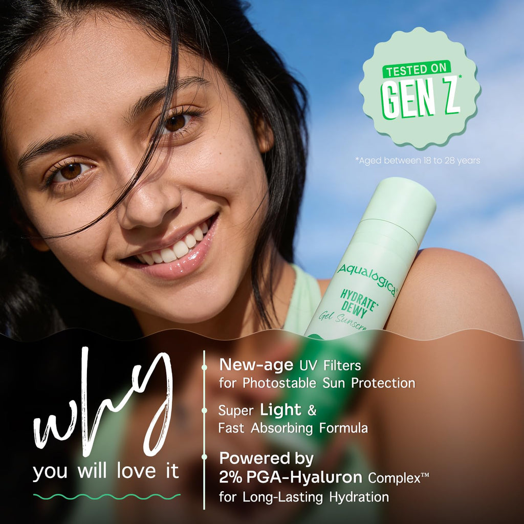 Aqualogica Hydrate+ Dewy Sunscreen SPF 50 PA+++ 50g | UVA/B & Blue Light Protection for Men & Women | For Oily, Combination & Dry Skin | Fragrance-Free