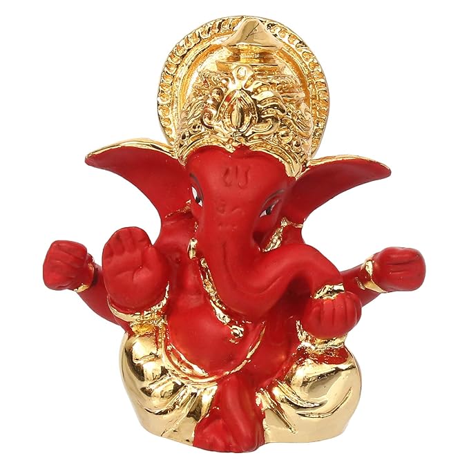 Ecraftindia Gold Plated Red Mukut Ganesha Decorative Showpiece
