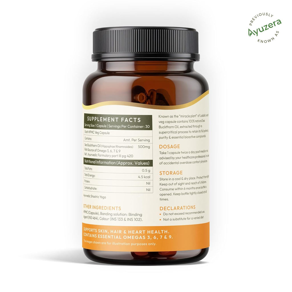 Wellwith by Ayuzera Sea Buckthorn Berry Oil Omega 7 500mg, 30 Veg HPMC Capsules, 15-Day Supply| Sea buckthorn Capsules rich In Omega 3, 6 & 9 help to keep the skin healthy| Dietary Supplements, 500mg Each