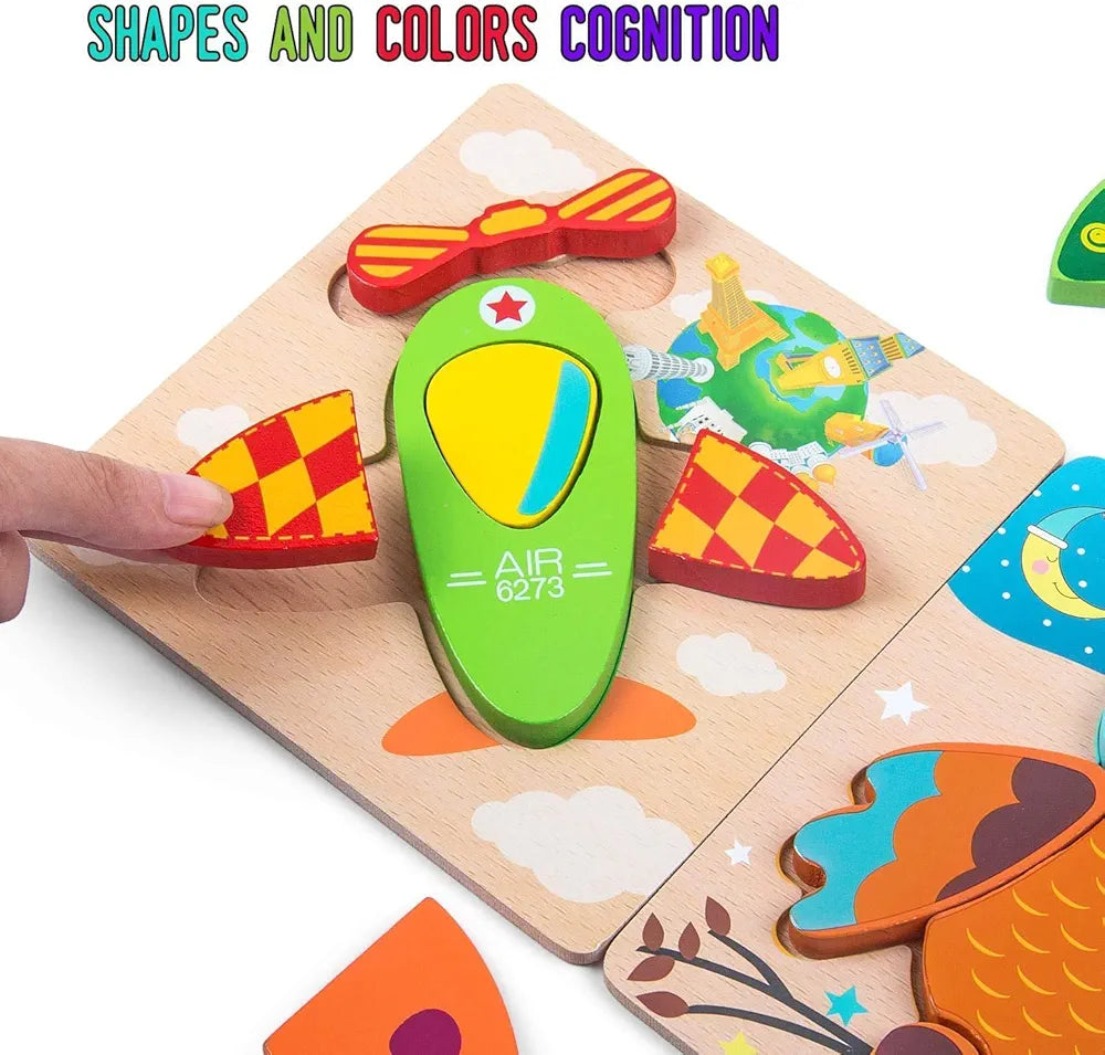 Wishkey Set of Jigsaw Wooden Animal Vehicle Puzzle Early Age Matching Game Learning Educational Preschool Toy