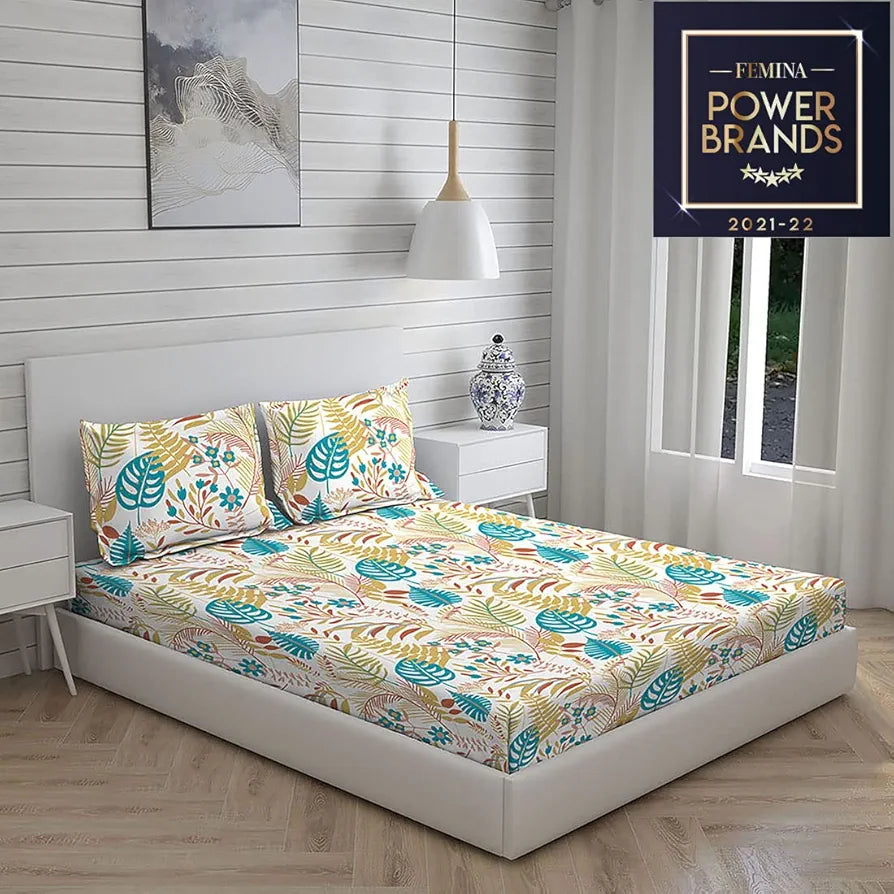 Layers 225 TC Toughened Cotton Bedsheet for Double Bed with 2 Pillow Covers Bed Sheet Double Yellow-Blue