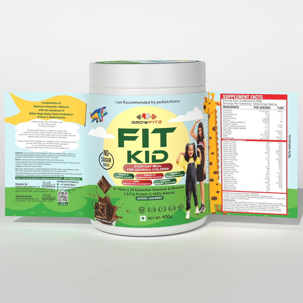 Growfitz FitKid | Natural Healthy Everyday Meal for Kids 2-18 | Supports Bone Strength, Immunity, Brain Development | No Sugar, Only Jaggery | 6.3g Protein | Almonds, Walnut, Ragi, Bajra, Chocolate Powder