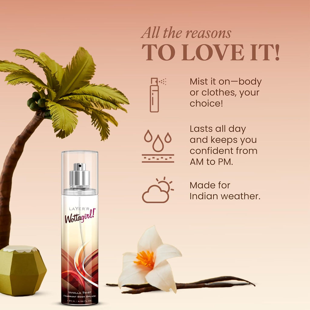 Layer'r Wottagirl Vanilla Twist Body Splash, 135ml | Long-Lasting Premium Mist Spray for Women | Dreamy Vanilla Scent | Everyday Wear | Refreshing & Skin-Friendly