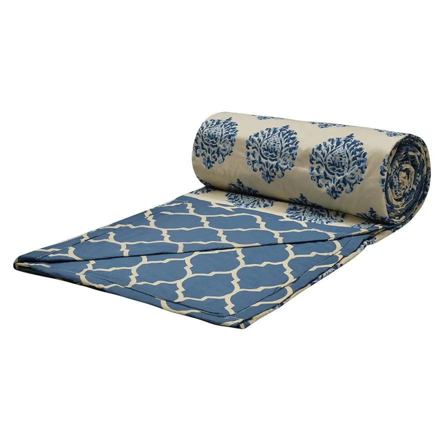 Trance Home Linen 150 GSM Pure Cotton Reversible Dohar Single Bed Size Ac Blanket Comforter Soft Light-Weight Bed Blanket 56 X 88 Inch Colour Damask Blue
