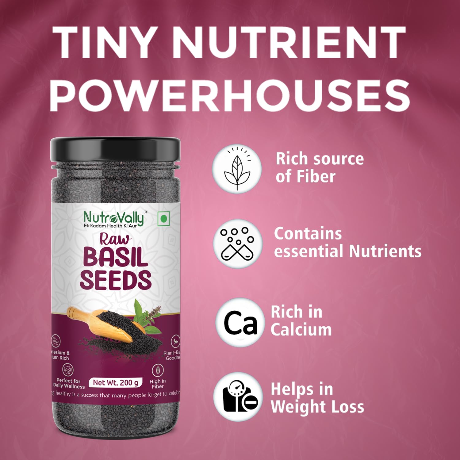NutroVally Raw Basil Seeds 200g | Sabja Seeds Rich in Fiber, Plant-Based Protein & Essential Nutrients | Supports Digestion, Hydration, Satiety | Vegan, Gluten-Free Superfood for Detox Drink & Recipes
