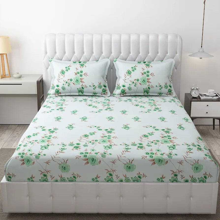 Fresh From Loom Microfiber Rotary Printed Bed Sheet Set King Size Hypoallergenic Wrinkle Free with 2 Pillow Covers Cyan Floral Design