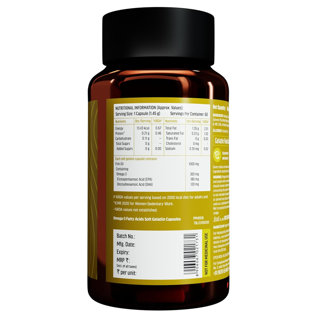 HealthKart hk vitals Omega 3 (60 Fish Oil Capsules) | 1000mg Omega 3 with 180mg EPA & 120mg DHA | For Brain, Heart, Eyes, and Joints Health