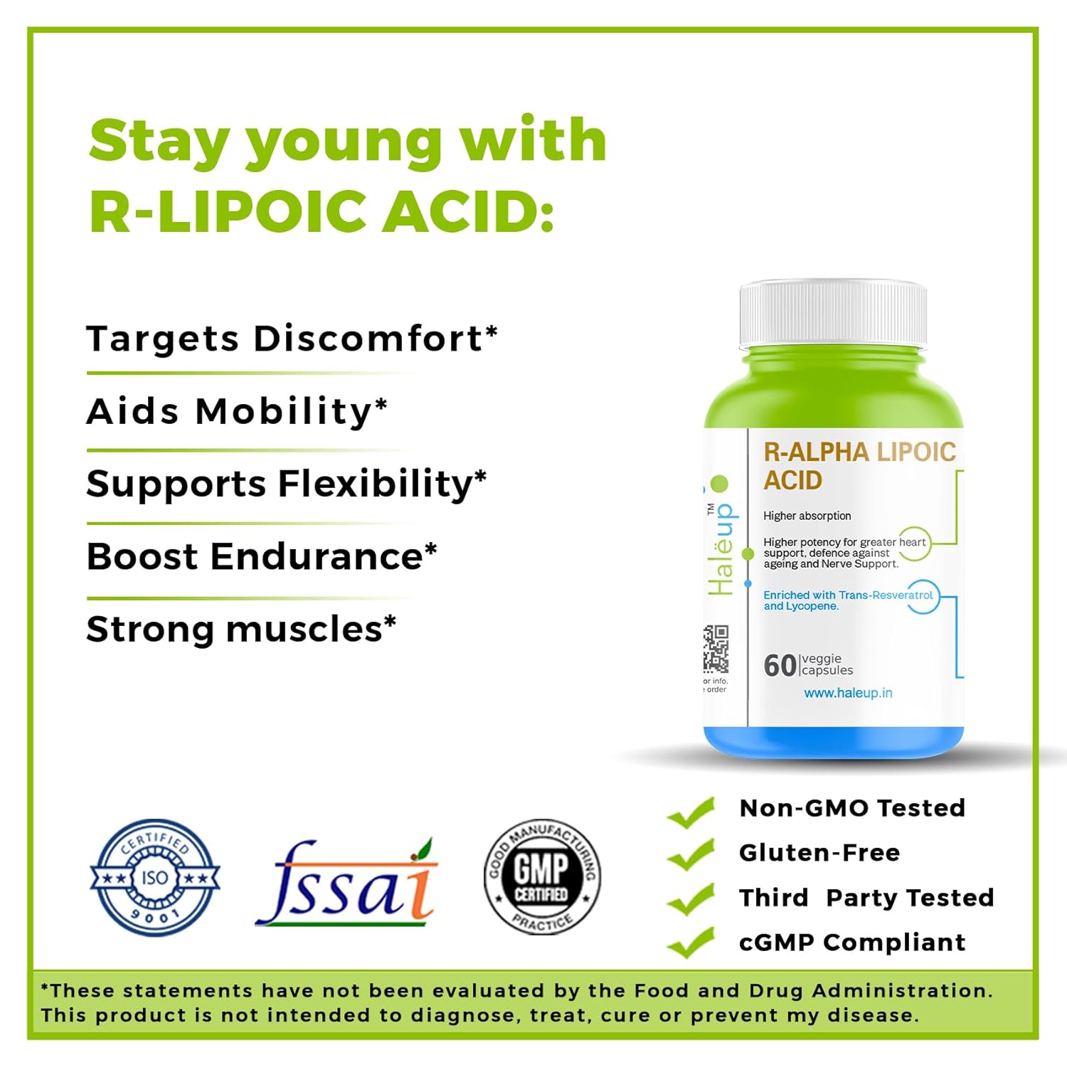 Haleup Alpha Lipoic Acid, 300 mg II Enriched with Lycopene & Resveratrol (60 capsules) || Healthy Liver || Heart || Blood Sugar & Potent Antioxidant
