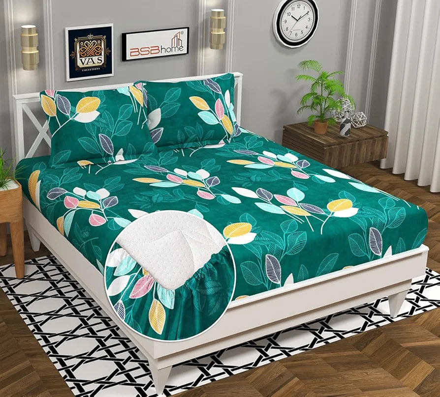 Homekart 220 TC Premium Cotton Elastic Fitted Bedsheets with 2 Pillow Covers Double Bed Dark Green & Rust