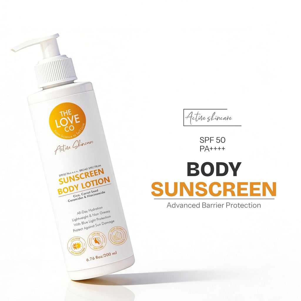 THE LOVE CO Sunscreen Body Lotion SPF 50 PA++++ for Women & Men 200ml | Broad Spectrum UVA UVB Protection | No White Cast, Lightweight & Non-Greasy | Niacinamide, Carrot seed , Cica & Ceramide | Face & Body, All Skin Types