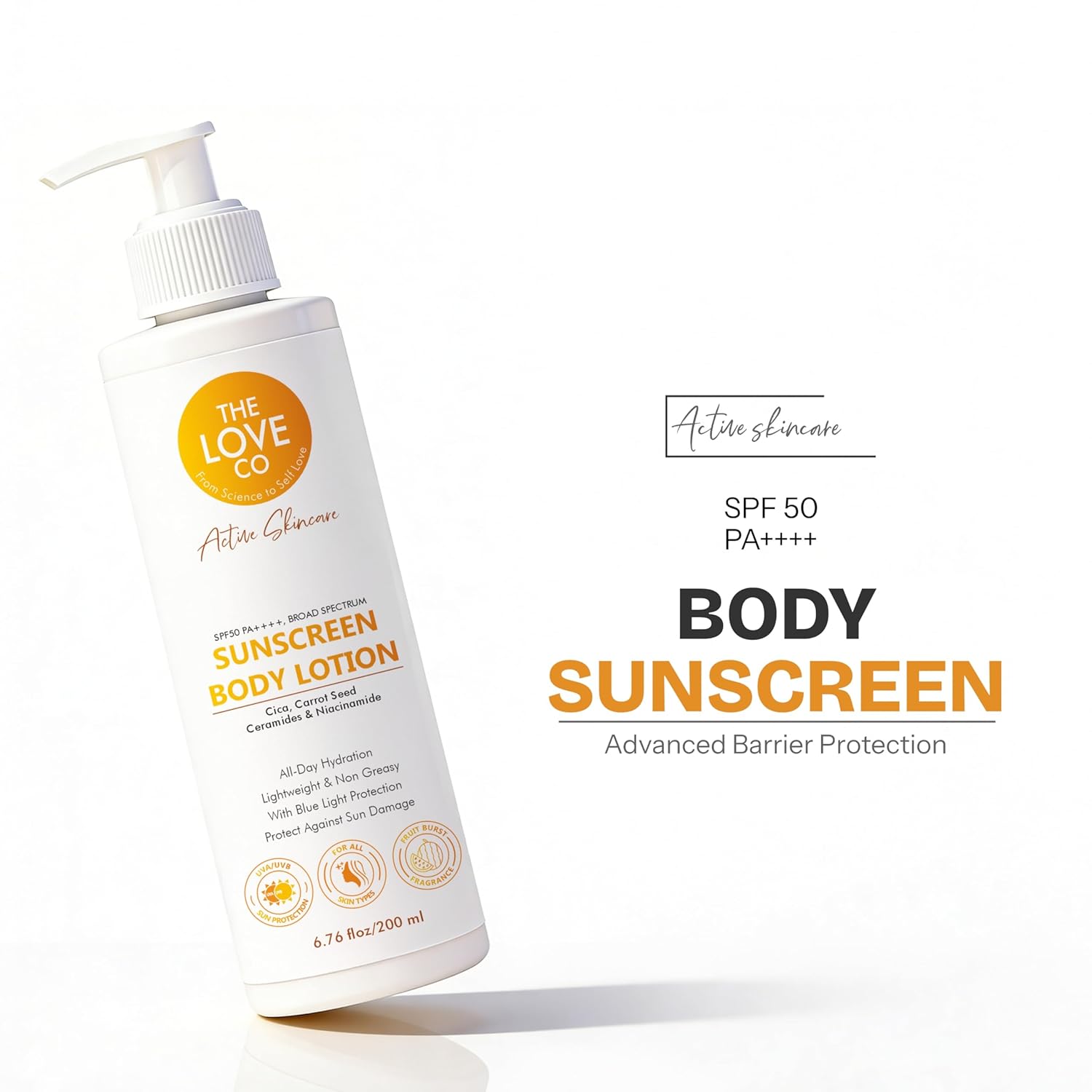 THE LOVE CO Sunscreen Body Lotion SPF 50 PA++++ for Women & Men 200ml | Broad Spectrum UVA UVB Protection | No White Cast, Lightweight & Non-Greasy | Niacinamide, Carrot seed , Cica & Ceramide | Face & Body, All Skin Types