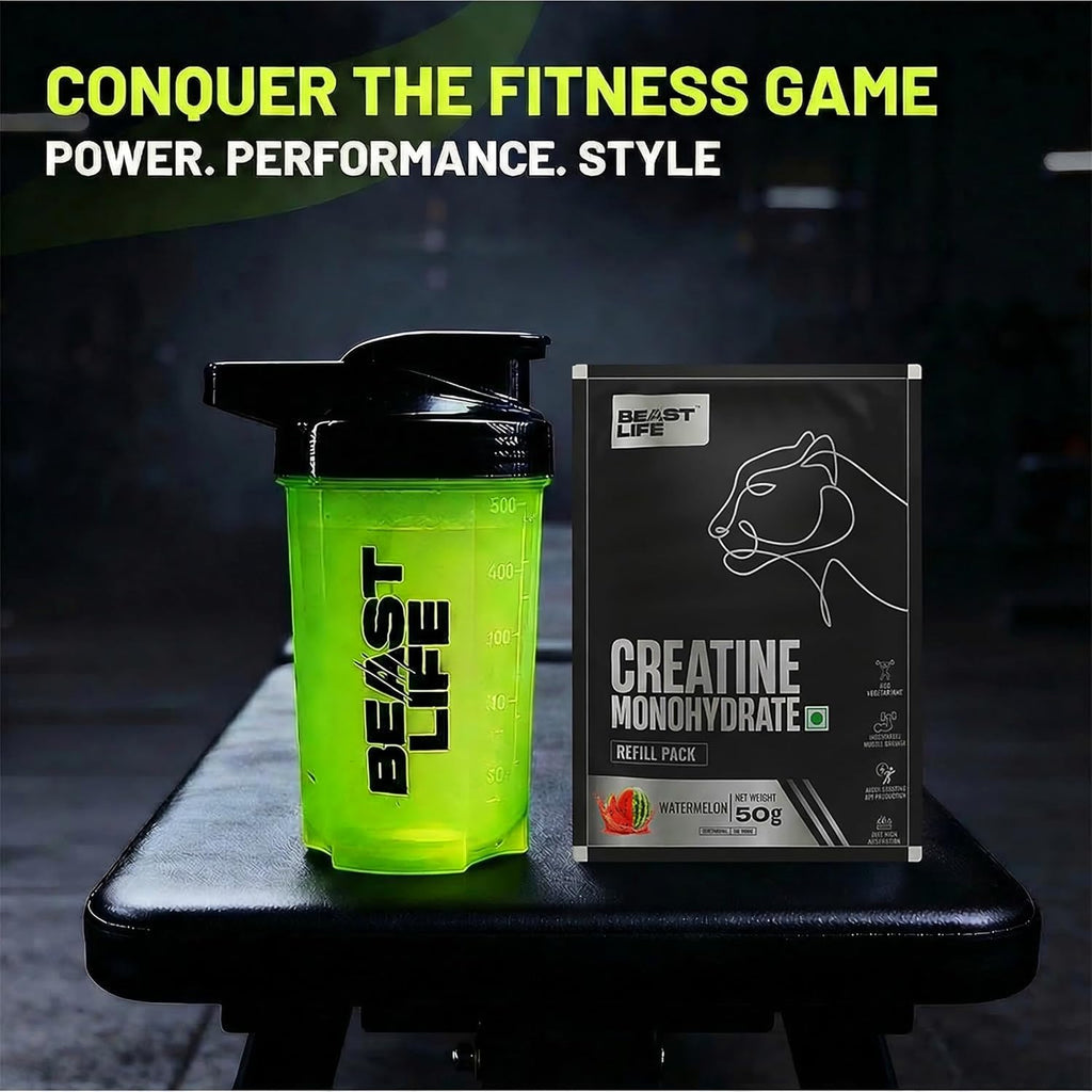 Beastlife Pure Super Micronised Creatine & Shaker Pack | 50 g | 13 Servings | Watermelon | NABL Lab Tested | Rapid Absorption for Muscle Strength & Athletic Performance | Super Micronised Creatine Powder