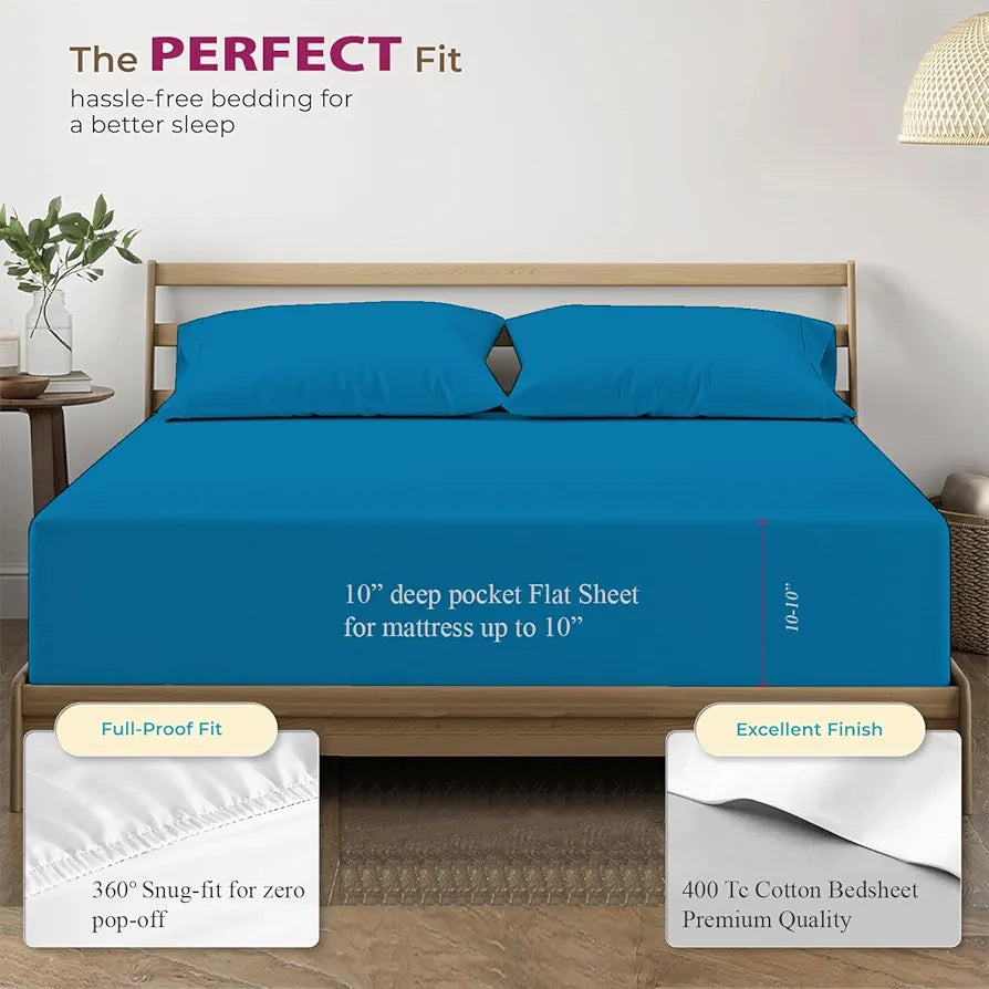 Trance Home Linen 100% Cotton 78x72 inch King Elastic Fitted Bedsheet 400TC Soft Durable Plain with 2 Pillow Covers Colour Peacock Blue