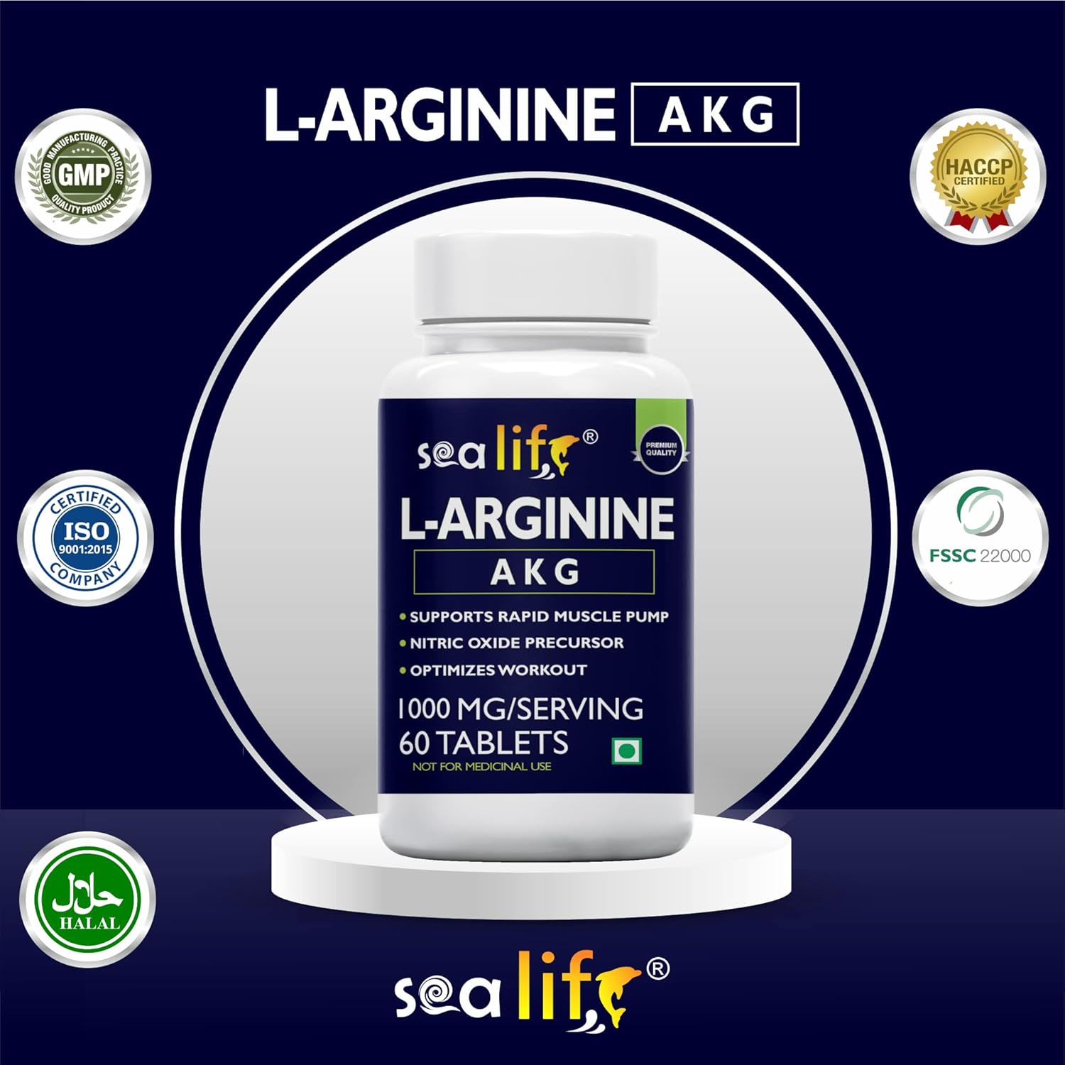 Sea Life L-Arginine AKG 1000 mg (60 Veg Tablets) | Boosts Stamina & Supports Rapid Muscle Pump | Nitric Oxide Precursor | Muscle Building Amino Acid | High Absorption L Arginine Supplement