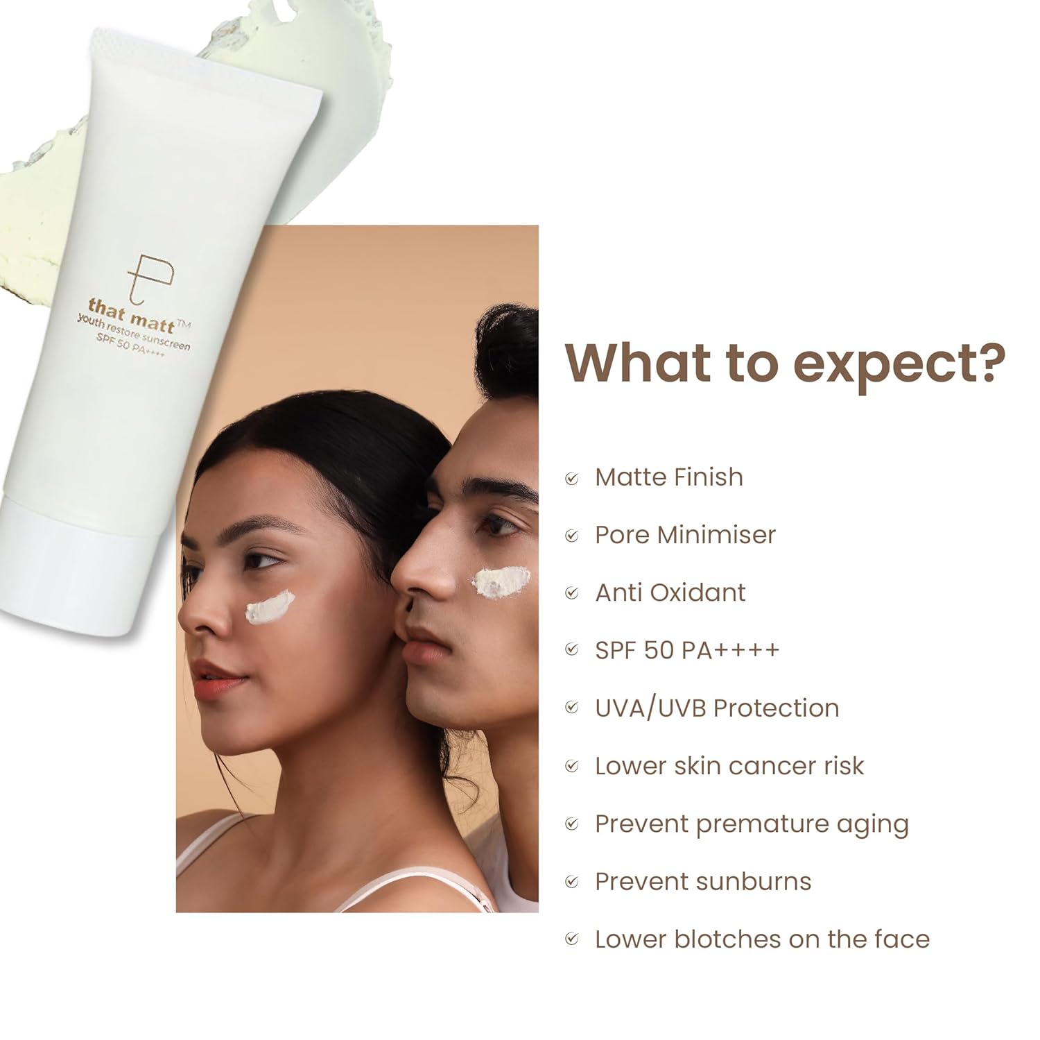 Personal Touch ThatMatt Oil-Control Hybrid Sunscreen SPF 50+ PA++++ | Blue Light, Infrared & Pollution Protection | Non-Comedogenic | Zinc Oxide & Titanium Dioxide | Matte Finish | UVA PF 17 | 50 g