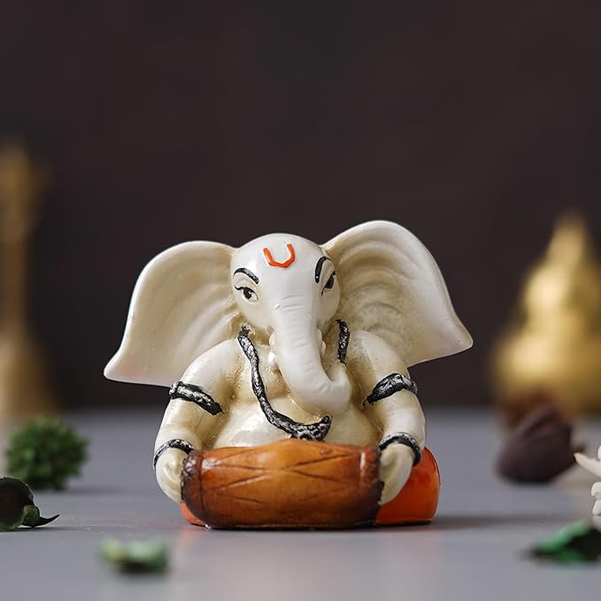 Ecraftindia White & Orange Polyresin Handcrafted Lord Ganesha Idol Playing Dholak Musical Instrument | Decorative God Statue Ideal