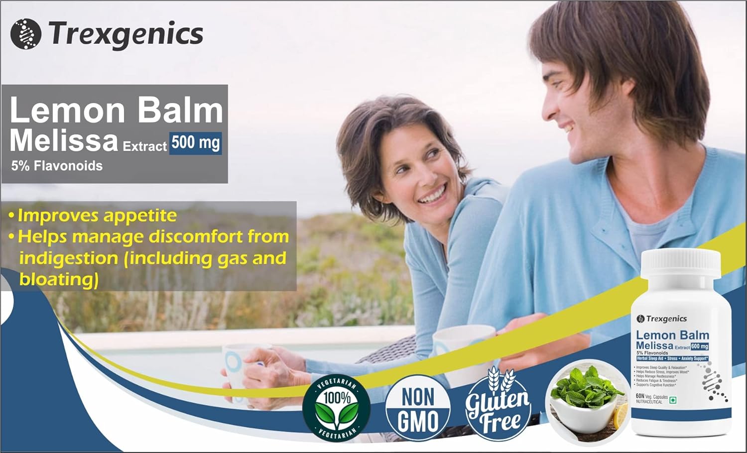 Trexgenics LEMON BALM 5% Flavonoids 500 mg Sleep, Relaxation, Mood Support VEGAN & NON-GMO (60 Veg. Capsules) (Pack of 1)