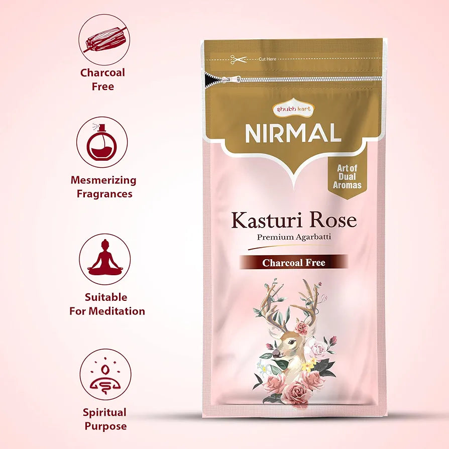 Shubhkart Nirmal Kasturi Rose Premium Agarbatti Stick Agarbatti Zipper Long Sticks Charcoal Free Premium Dual Aroma Kasturi and Rose Fragrance
