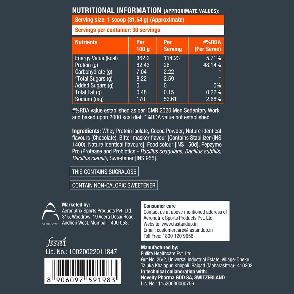 Fast&Up 100% Pure European Whey Protein Isolate, Ultralow Carbs | 30 Servings | 26g Protein per serve | Low Lactose & Gluten Free | Fast Acting, No Bloating - Rich Chocolate Flavour