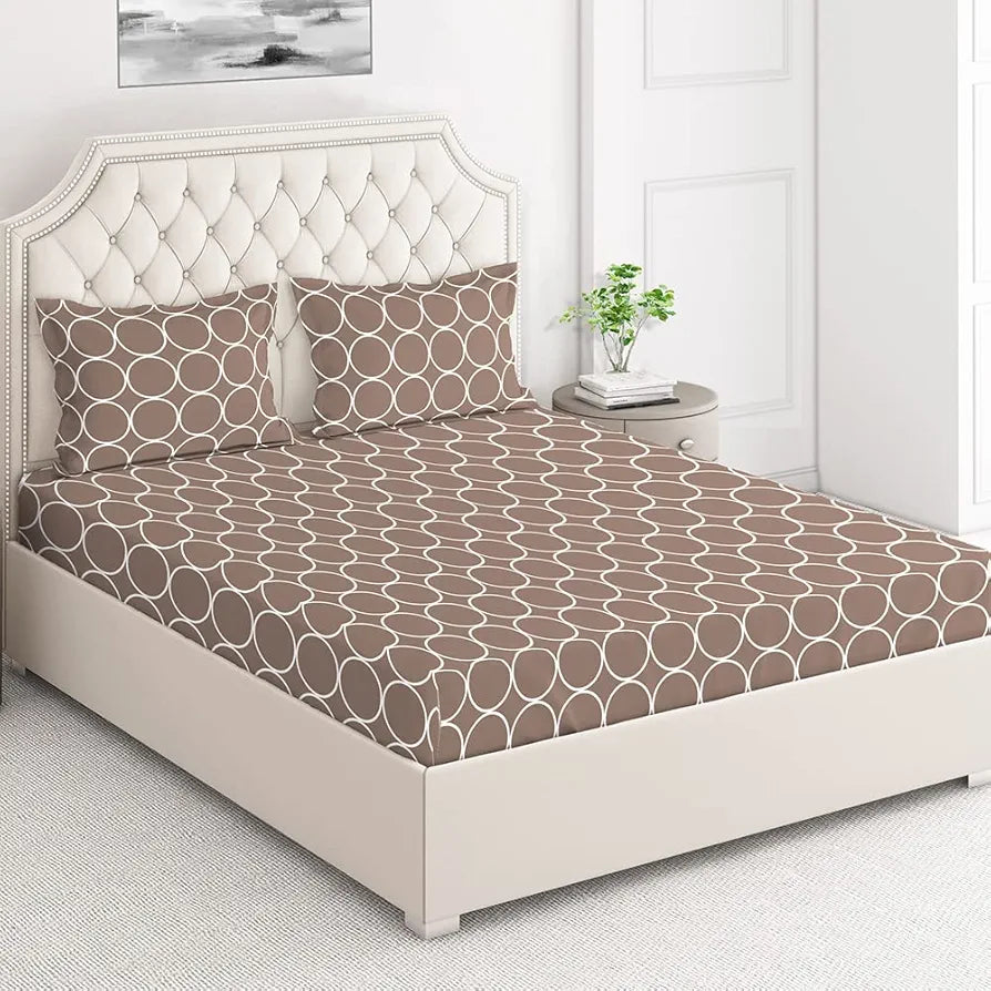 Layers Classic Cotton Bedsheet Set for All Seasons Lightweight 104 TC Queen Size Brown Circle Geometry Pattern