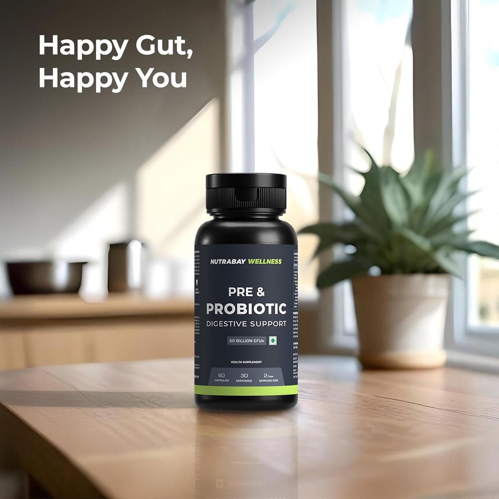 Nutrabay Wellness Pre & Probiotic Digestive Support 50 Billion CFUs - Improves Digestion & Immunity, Probiotic Supplement for Men and Women - 60 Veg Capsules