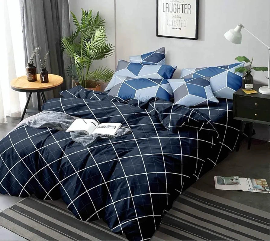The Home Style Cotton Feel Glace Cotton Printed Double Bed Bedsheet With 2 Pillow Cover 300 TC Navy Blue