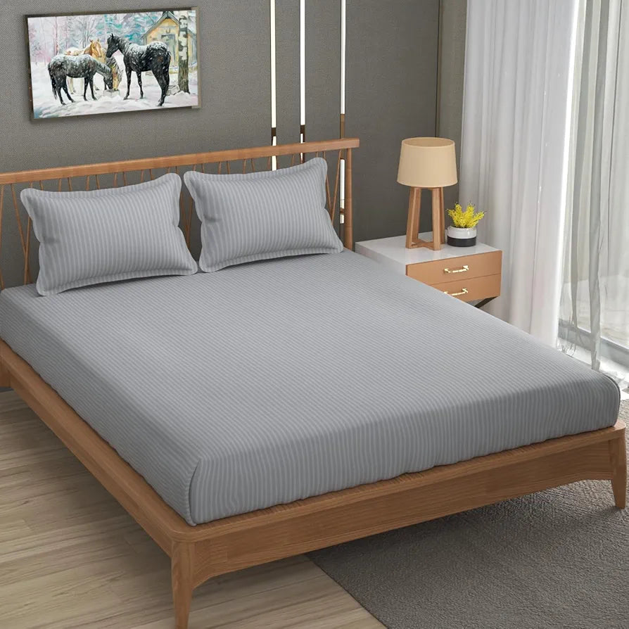 Homefab India 160 TC Stripe Glace Cotton Double BedSheet with 2 Pillow Covers Silver