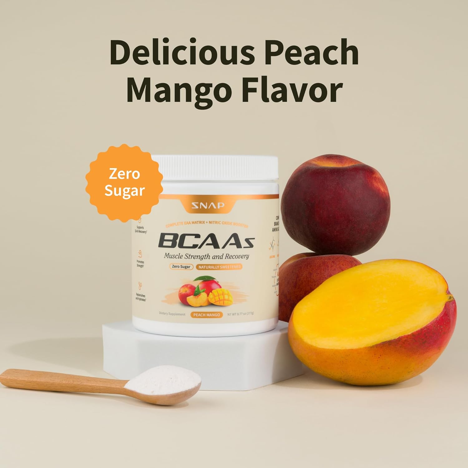 Snap Supplements BCAA Powder - 5g Vegan Branched Chain Amino Acids (2:1:1 Leucine Isoleucine Valine) + Essential Amino Acids with Nitric Oxide Booster, 30 Servings, Peach Mango