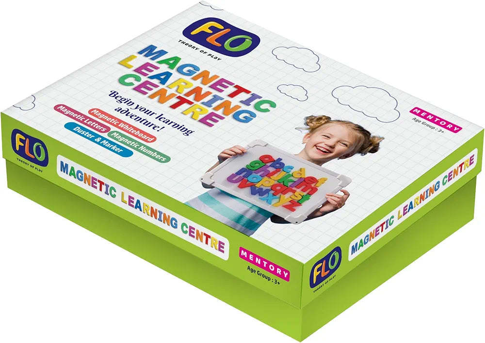 FLO Toys Magnetic Learning Centre for Kids Double-Sided Magnetic Board with A-Z Letters, 0-9 Numbers Marker & Duster Educational Preschool Toy for Boys & Girls