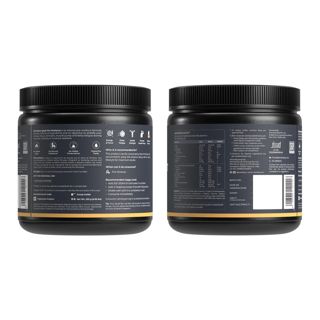 Nutrabay Gold Spark Pre Workout Supplement Powder 300mg Caffeine, 1000mg L-Arginine, 3000mg Beta Alanine, 2500mg Citrulline Malate per Serving â€“ Muscle Pump & Performance â€“ 250g, Fruit Punch